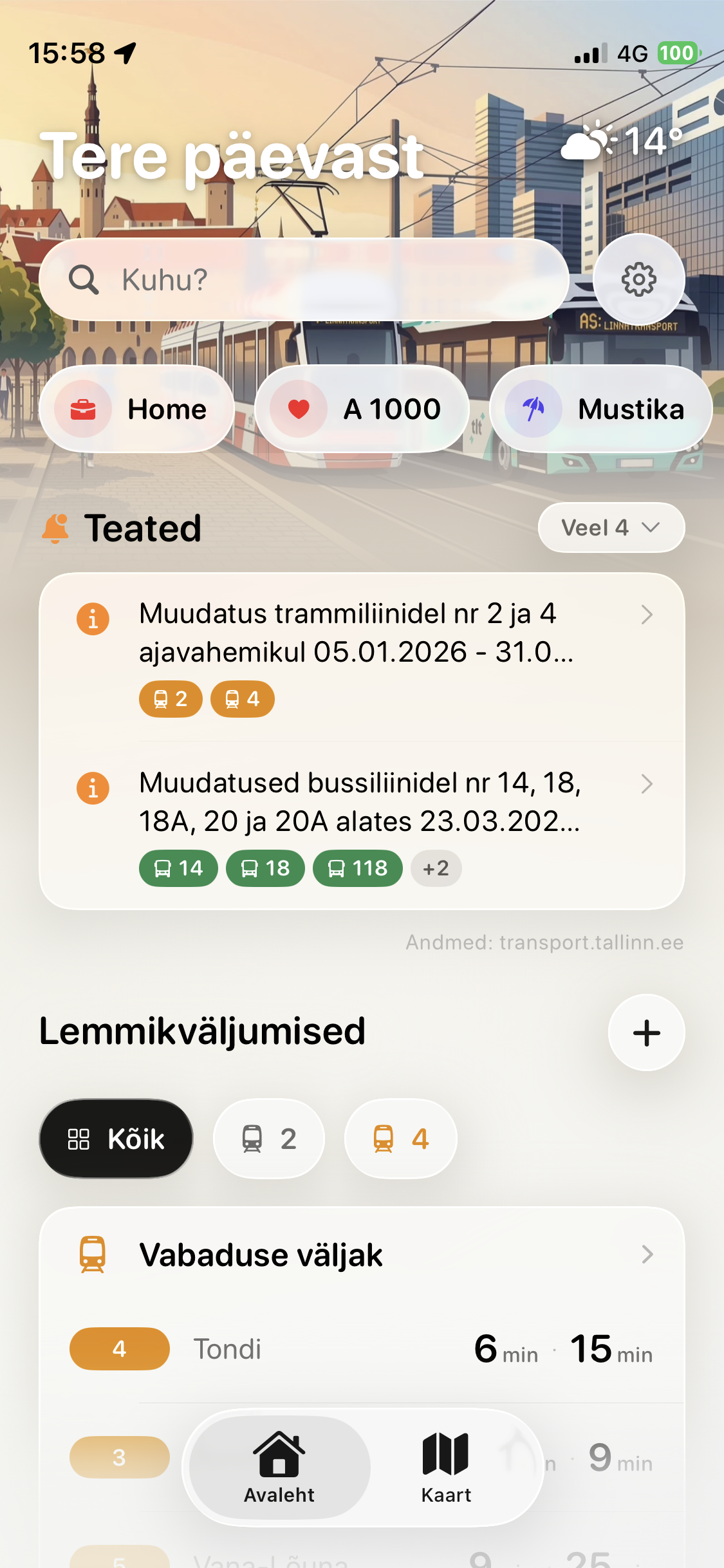 Rada rakenduse avaleht — reaalaja väljumised