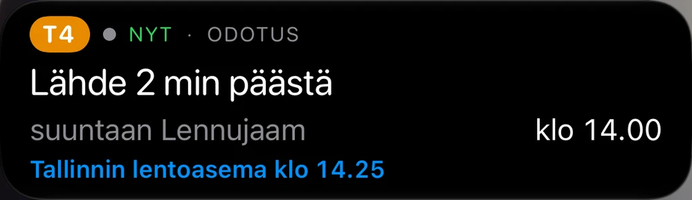 Radan Live Activity: raitiovaunu 4, lähtölaskuri sekä lähtö- ja saapumisaika