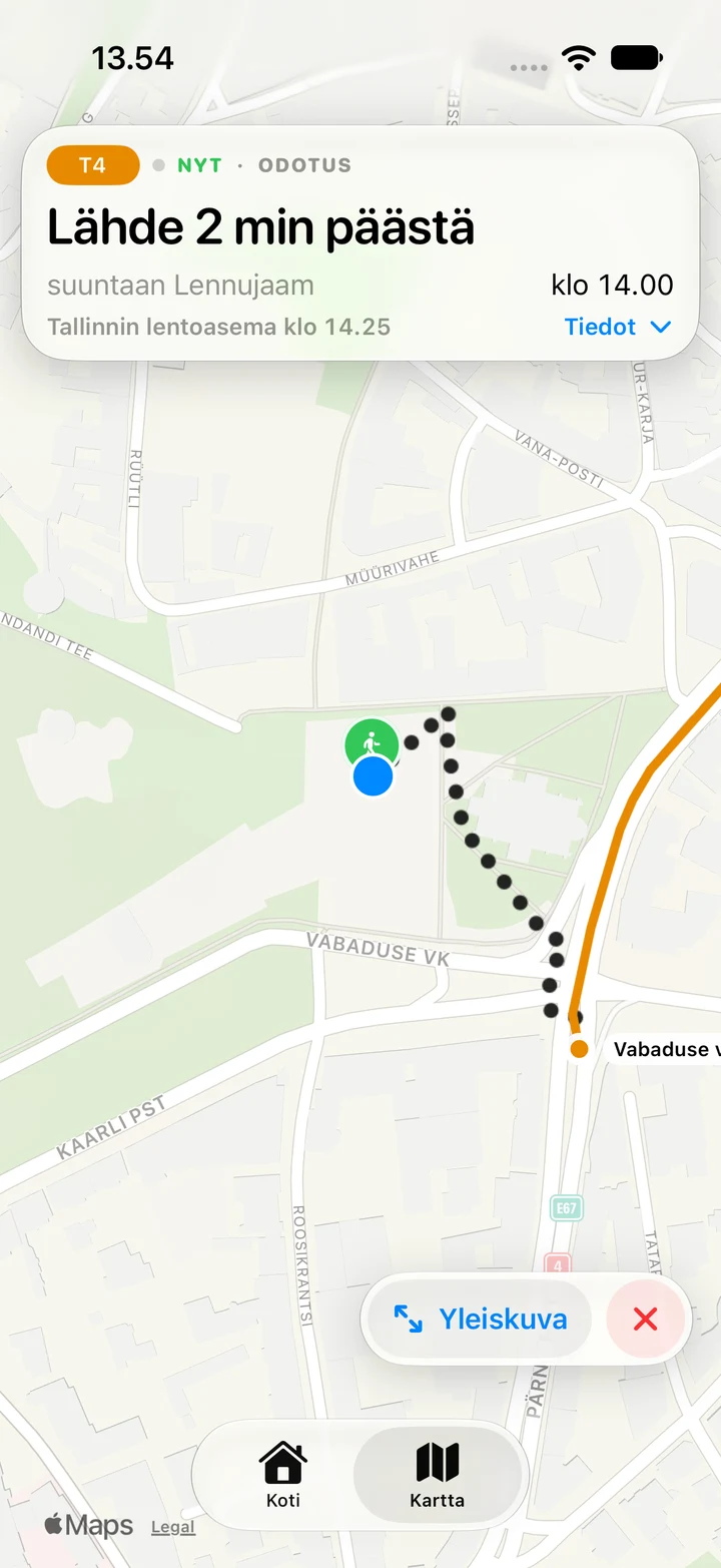 Radan matkakartta Virusta Tallinnan lentoasemalle, raitiovaunu 4 ja lähtöohjeet