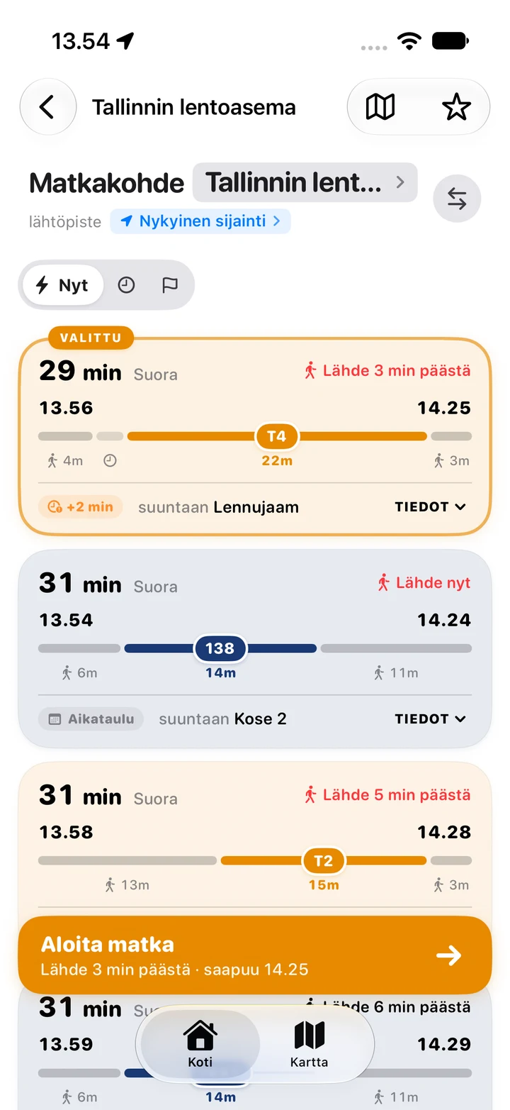 Radan reittisuunnittelija ja todellisia matkavaihtoehtoja Tallinnan lentoasemalle