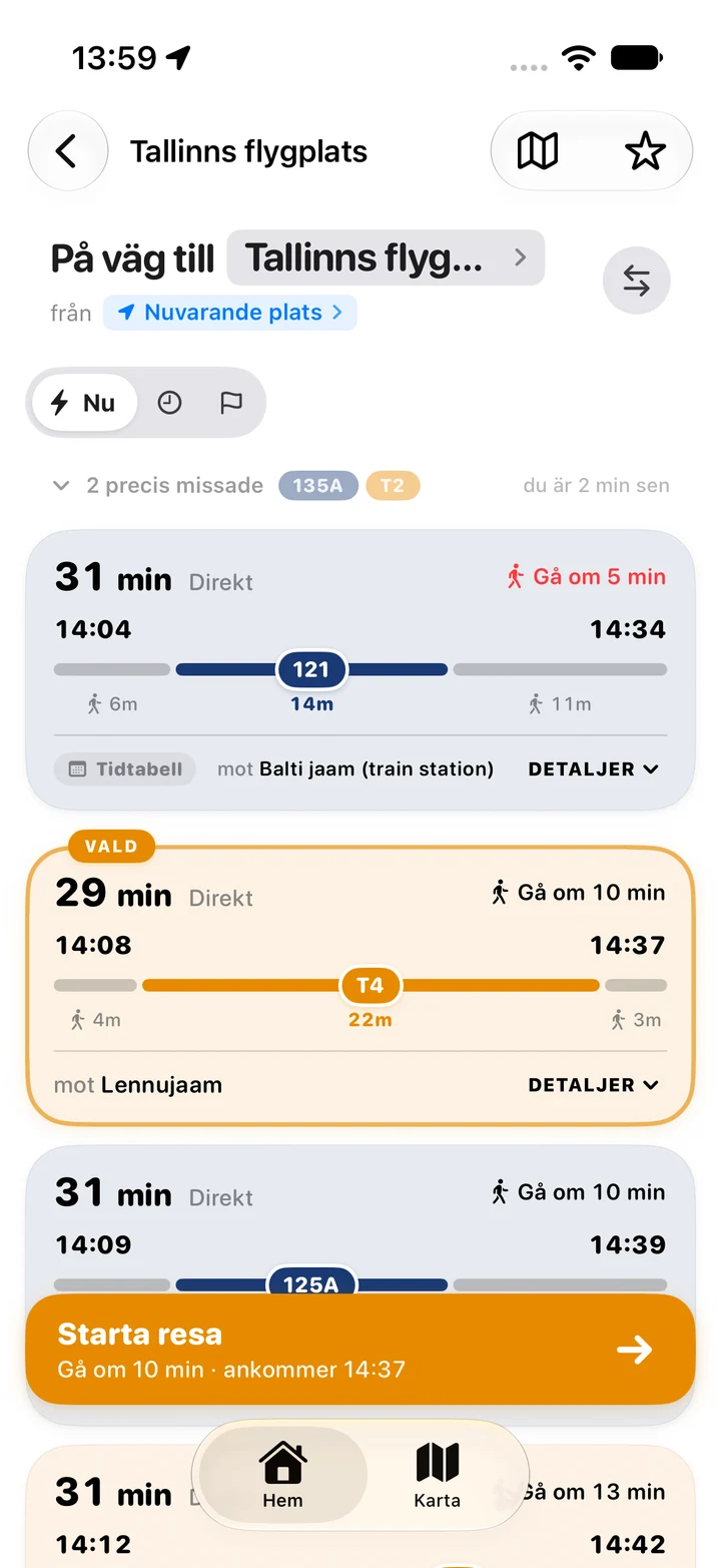 Radas reseplanerare med verkliga alternativ till Tallinns flygplats
